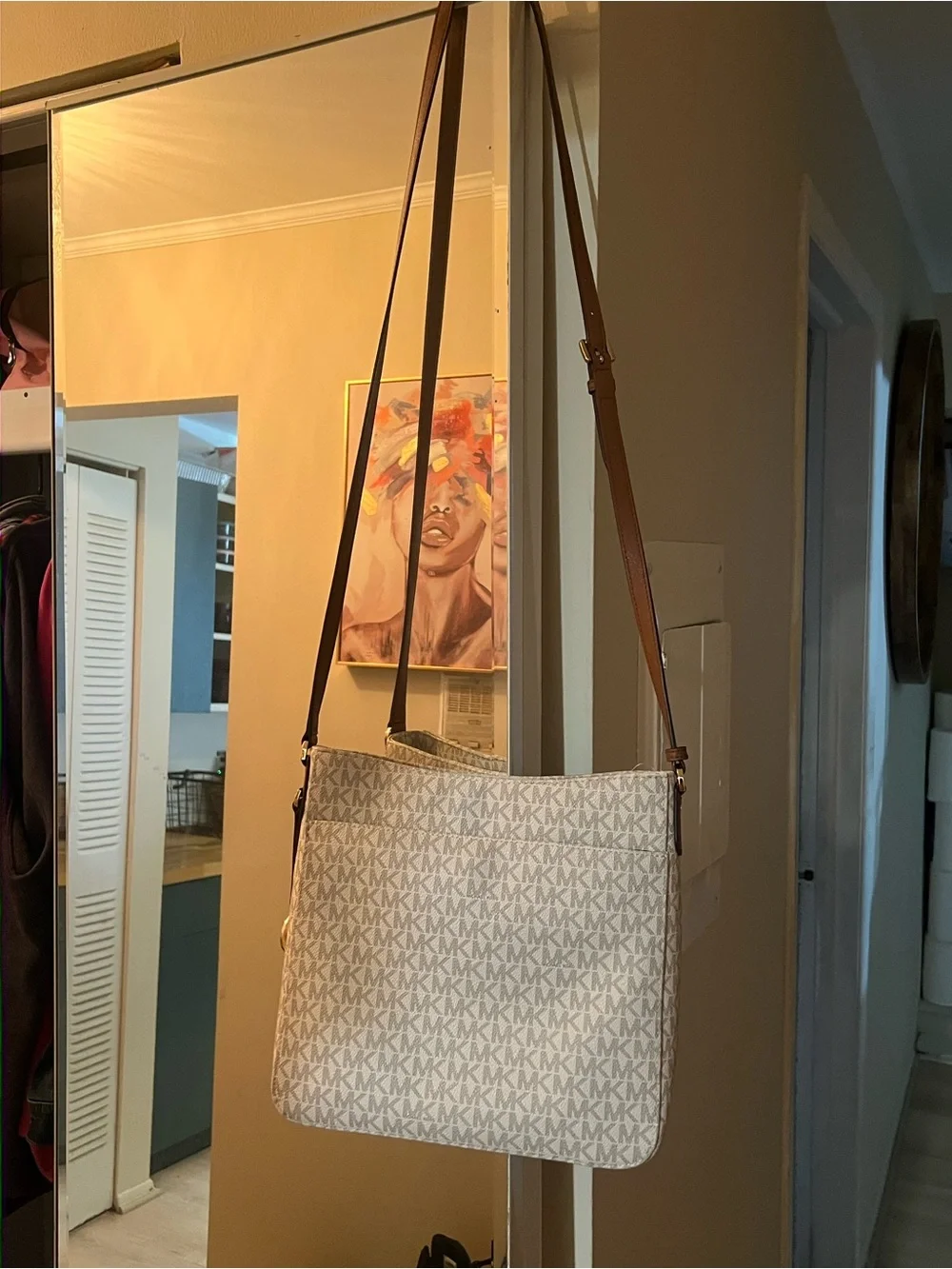Michael Kors Cream Logo Crossbody Bag with Brown Strap